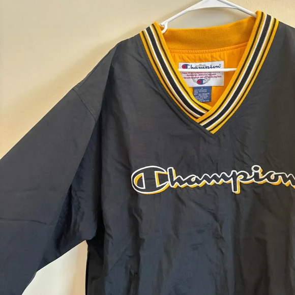 VTG Y2K Champion Windbreaker Sweatshirt Black and Yellow Logo - Mens Size Large - Picture 4 of 10